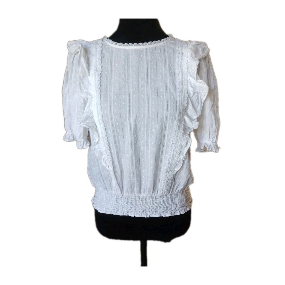 Mine Women's S 100% Cotton & Lace Trim Short Puff Sleeve Victorian Style Blouse